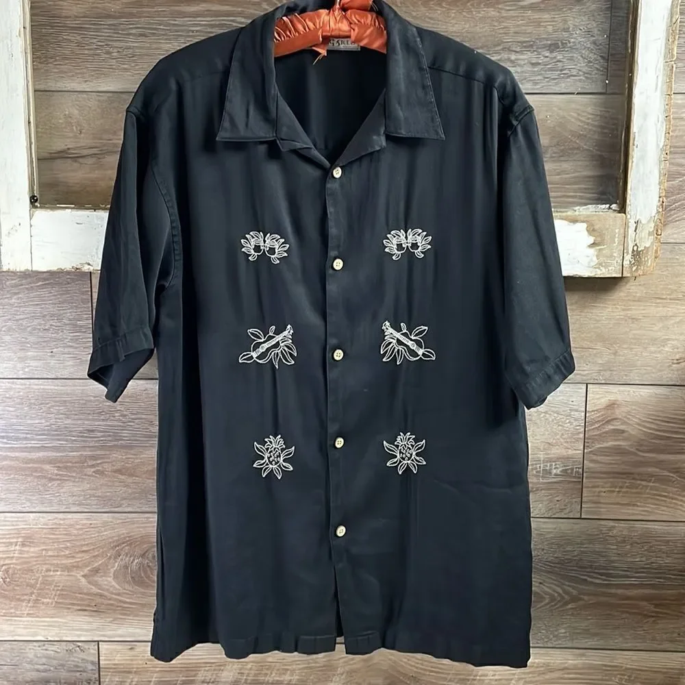 Monte Carlo Men’s Black Button-Front Hawaiian Guitars,Drums,Pineapples  M 38/40